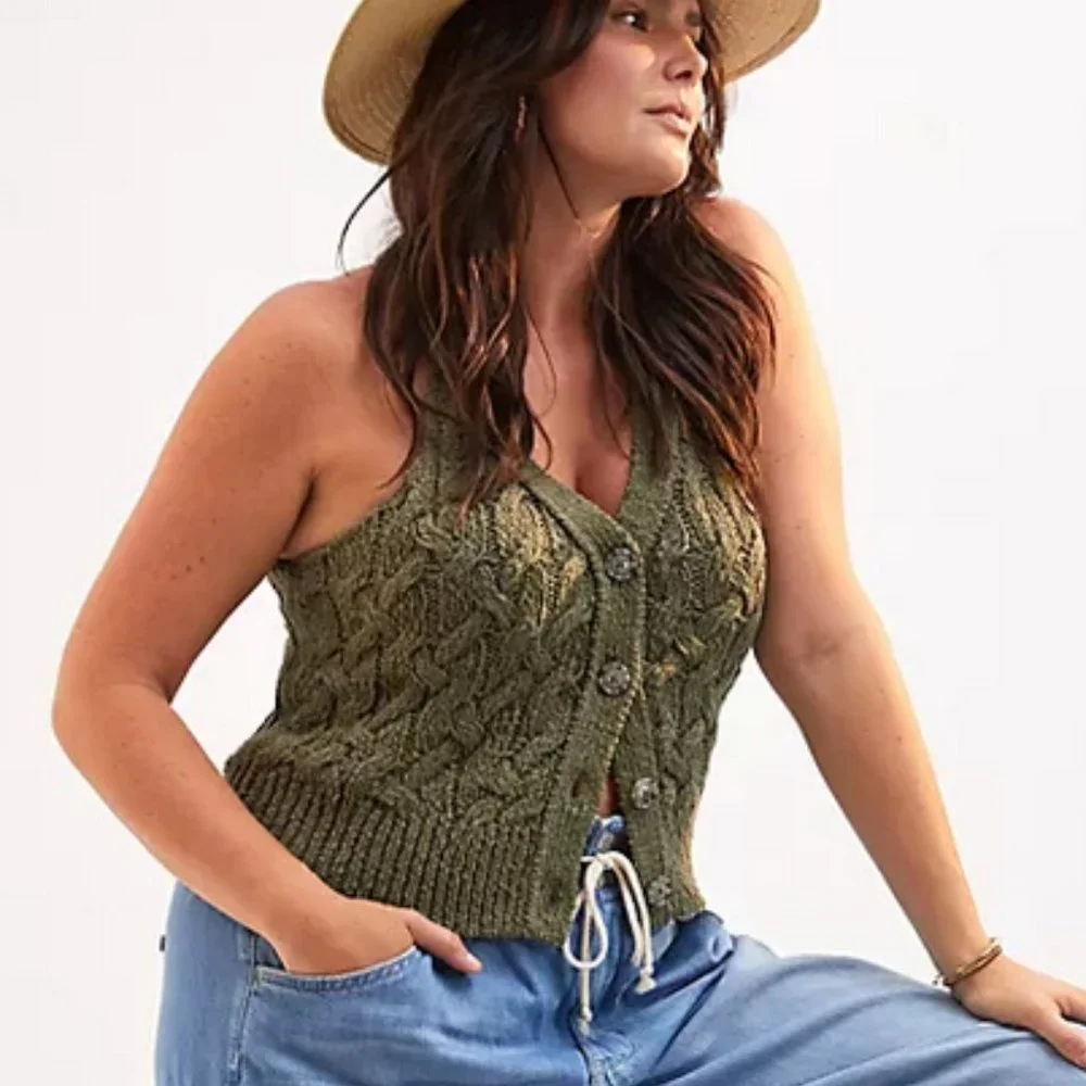 Pilcro Anthroplogie XL NWT Cable Knit Sweater Tank Vest Top Moss Green - Picture 5 of 6